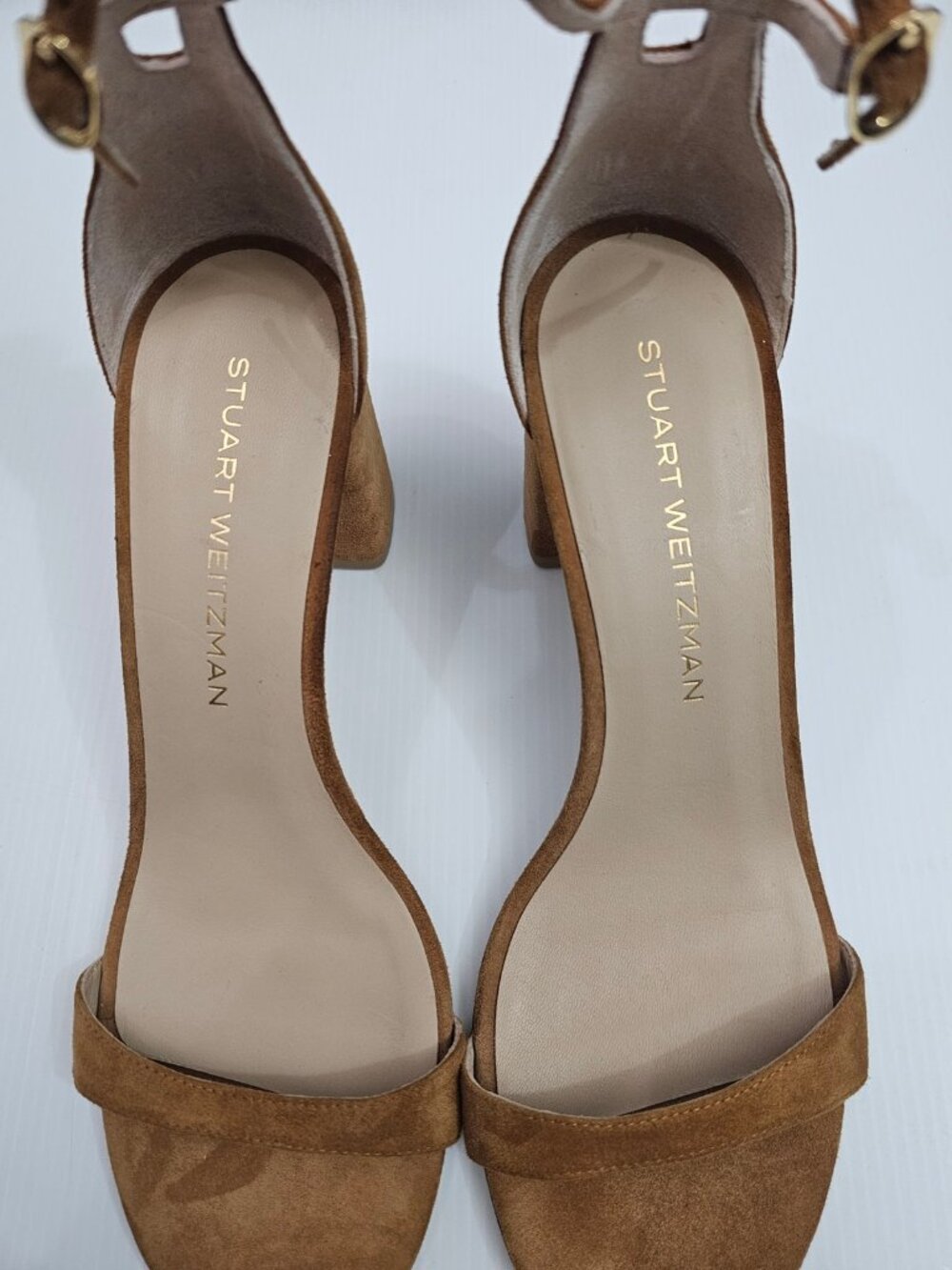 Stuart Weitzman Nudist Block 75 Sandal Womens 9.5 Caramel Brown Suede Block Heel - Picture 7 of 14